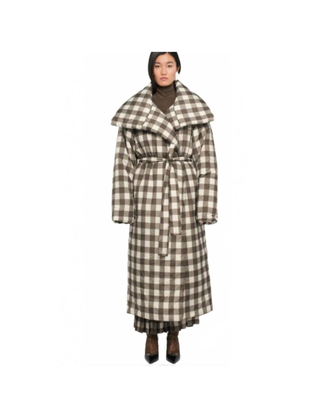 Norma Kamali  Box Plaid Green High Collar Sleeping Bag Long Coat Sz XS/S #1`294